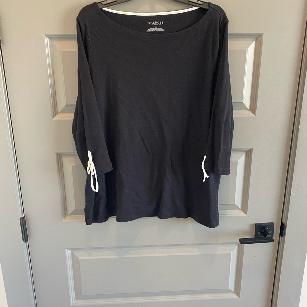 Talbots black top with white detailing on sleeve